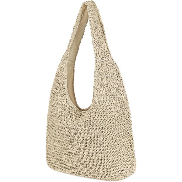 Women's Beige Large Straw Beach Bag Handmade Woven Shoulder Hobo Tote Handbag - Picture 2 of 6